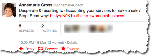 Search Engine People refers to @AnnemarieCoach as a great example of using hashtags and key words in tweets
