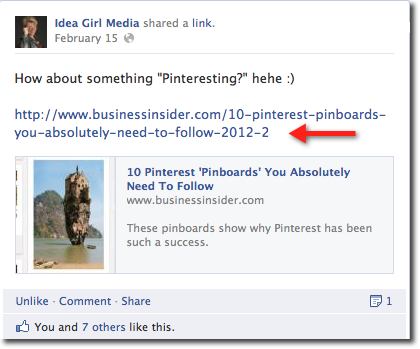 Search Engine People sites Idea Girl Media's Facebook post utilizing a full link as an example for scheduling updates