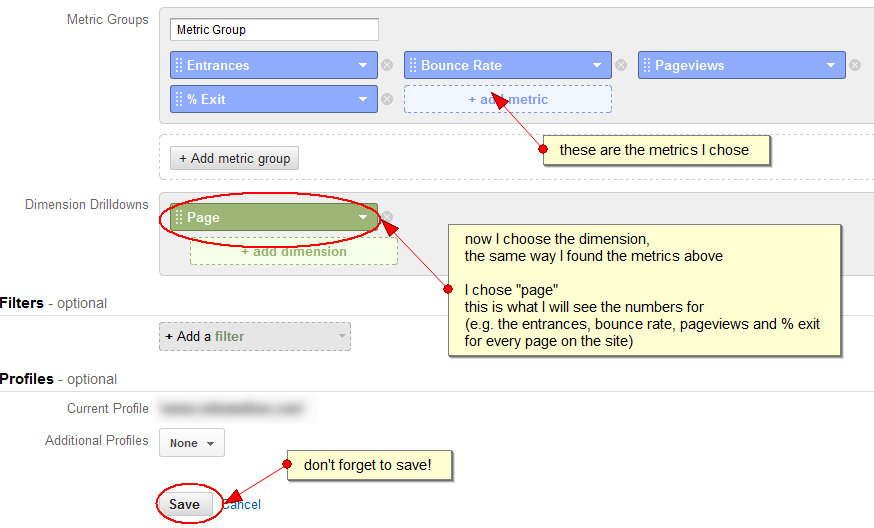 metrics are entrances, bounce rate, pageviews and % exit; dimension is page - that is what you will see the numbers for