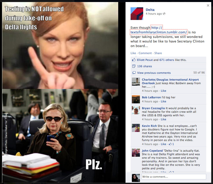 Delta jumps on the Texts From Hillary meme