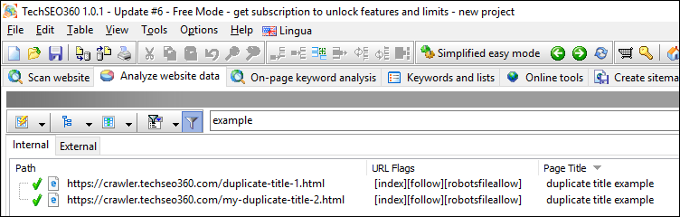 filtered URLs duplicate titles report